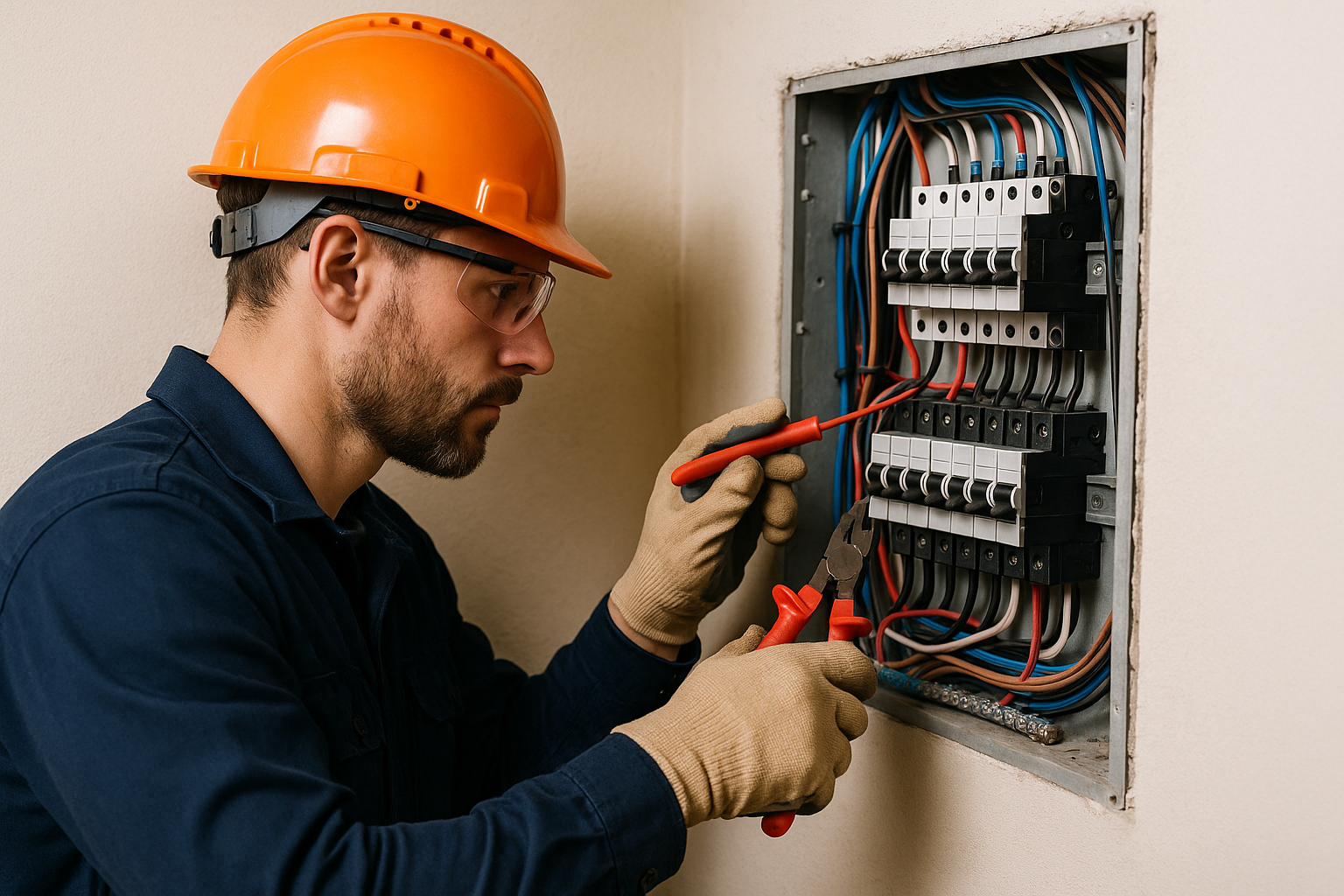 Electricista trabajando en tablero domiciliario